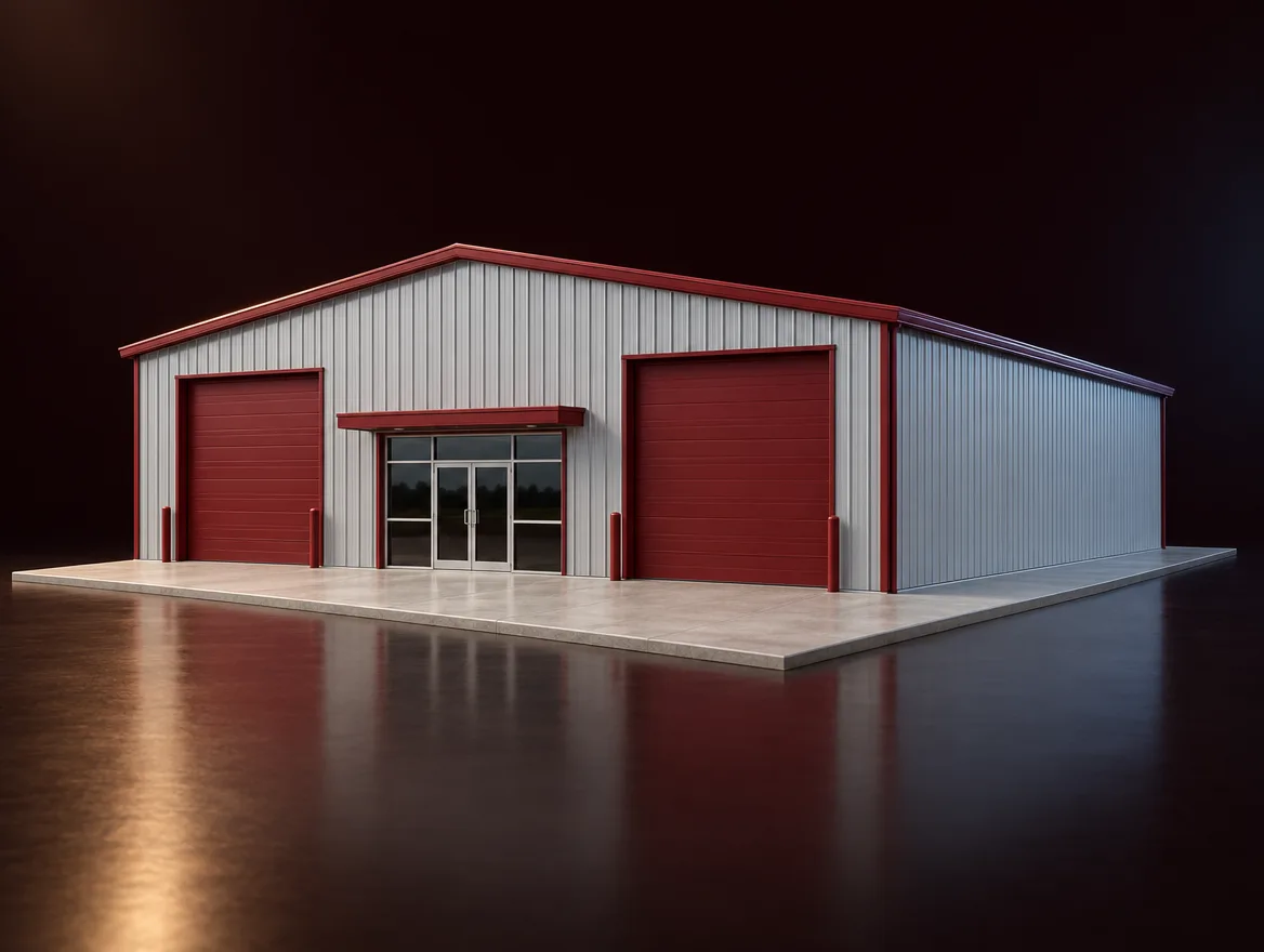 Scale model of a commercial steel shop with two overhead doors and a storefront entry