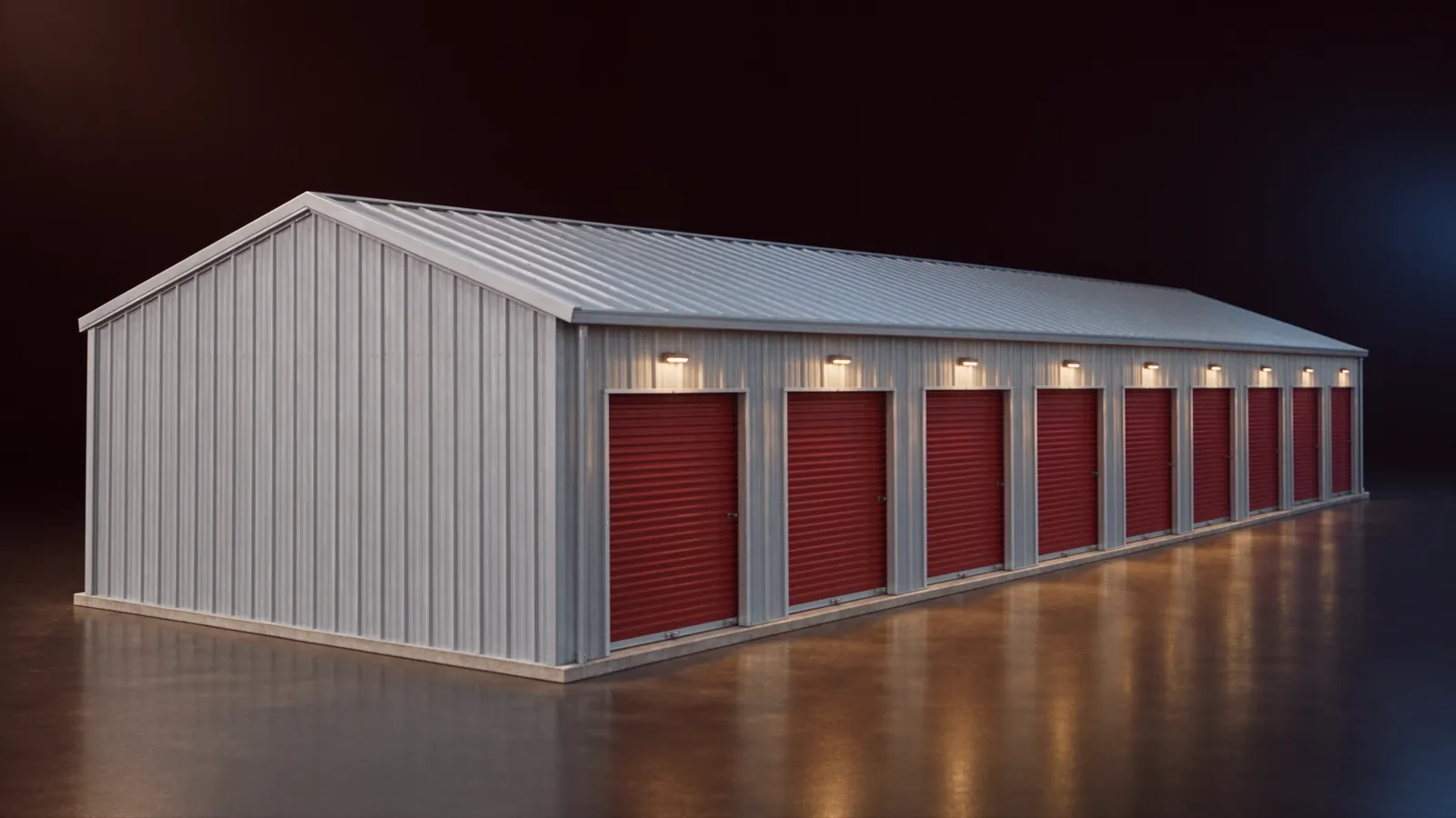 Scale model of a finished self-storage building with a long row of red roll-up doors