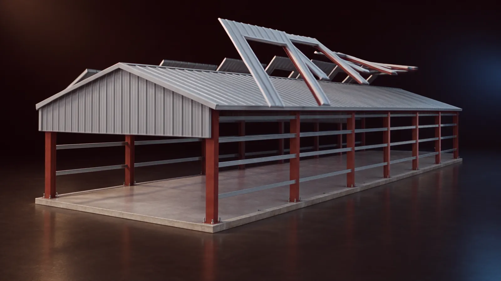 Scale model of a steel building with ribbed panels going onto the roof and walls